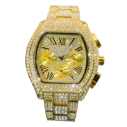Hip Hop Men's Full Diamond Multi-function Chronograph Luminous Tonneau Quartz Watch