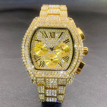 Hip Hop Men's Full Diamond Multi-function Chronograph Luminous Tonneau Quartz Watch